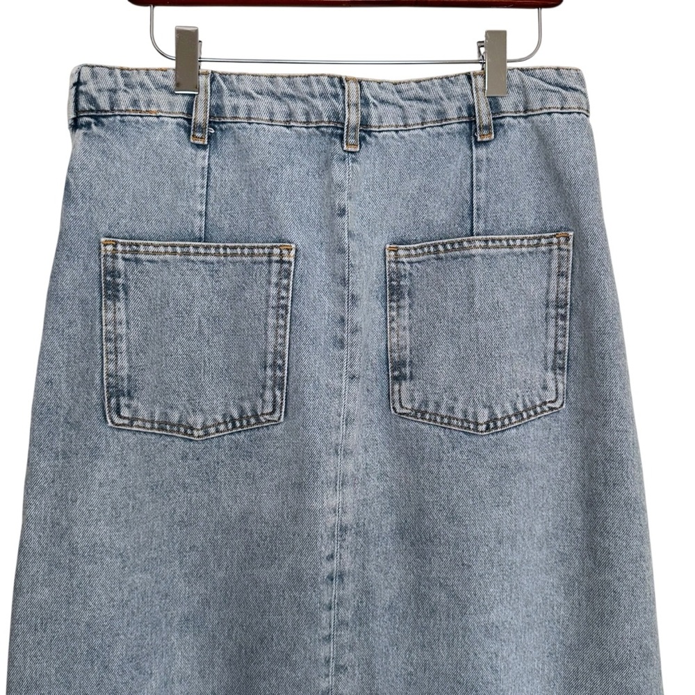 ZARA Premium Denim Light Wash Midi Skirt Raw Hem Front Slit Size L - Picture 8 of 16